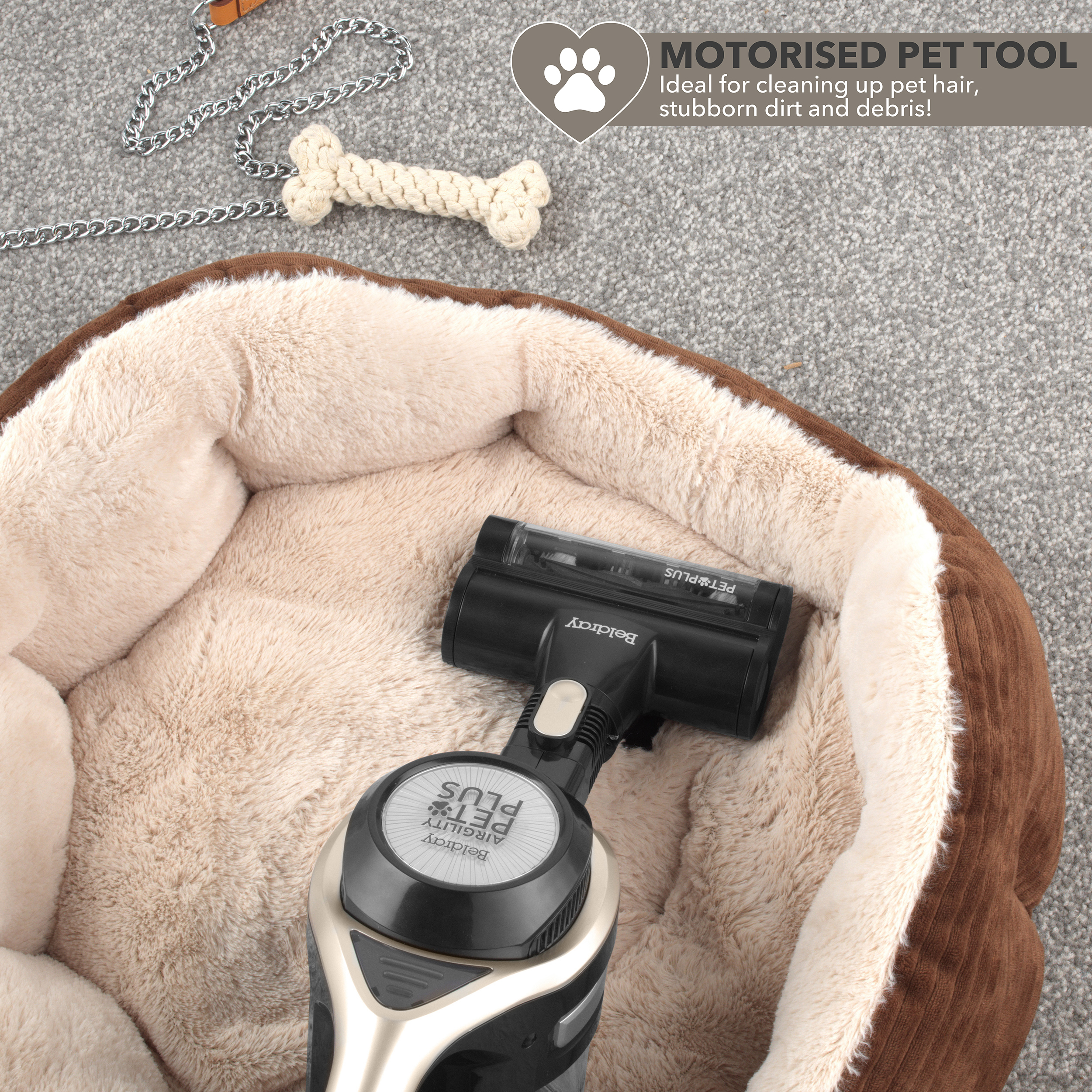 Beldray Airgility Pet Plus vacuum cleaning a dogs bed