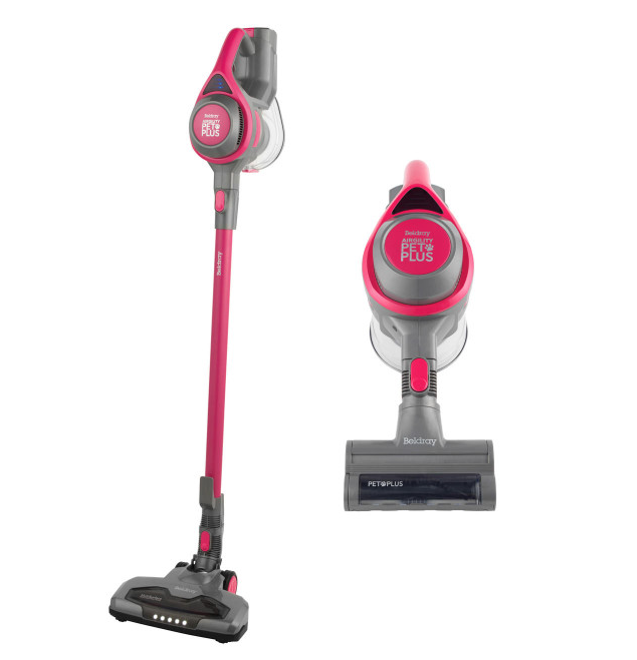 A Beldray Pet Plus vacuum cleaner being used with and without an extension tube