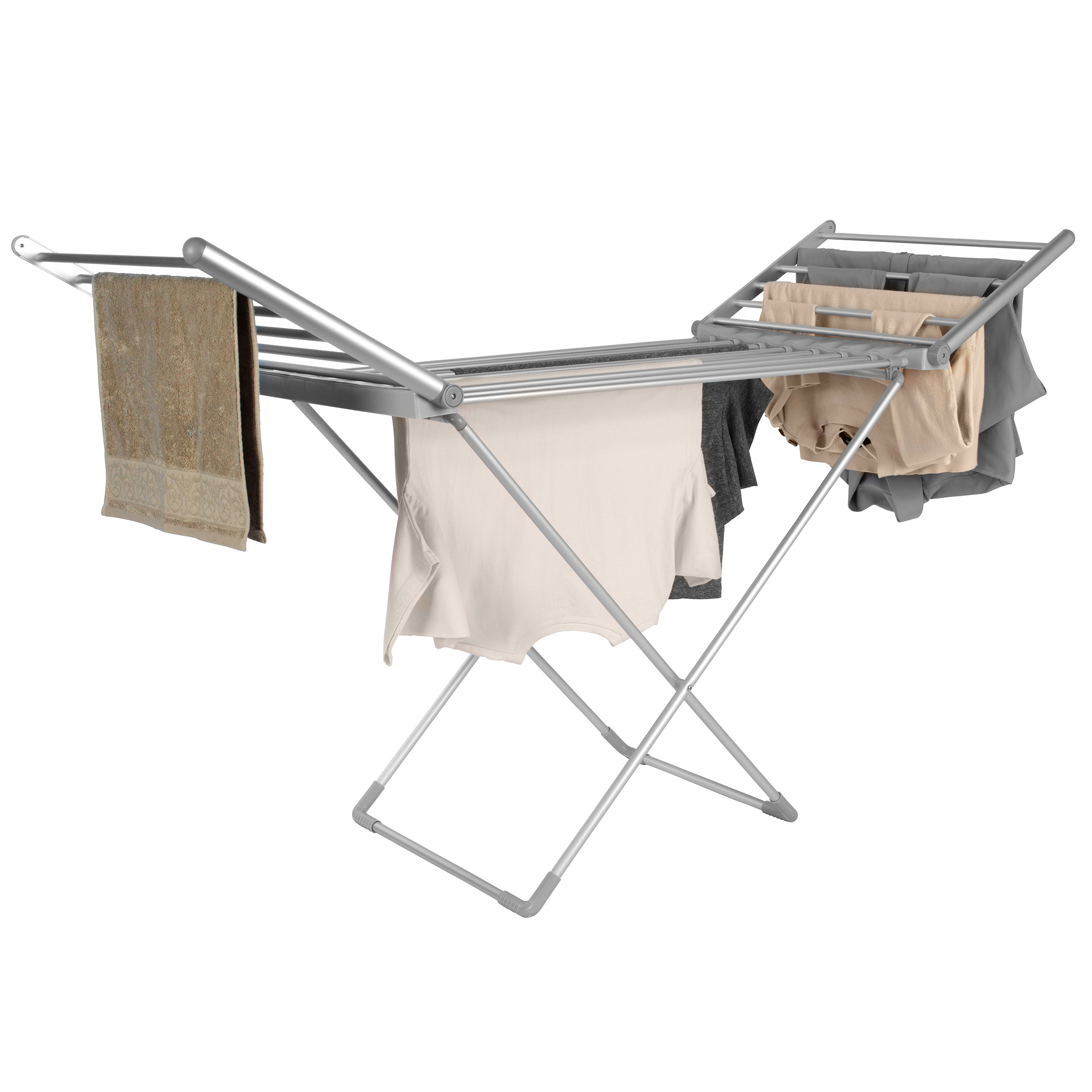 heated clothes airer with towels and garments hanging on it