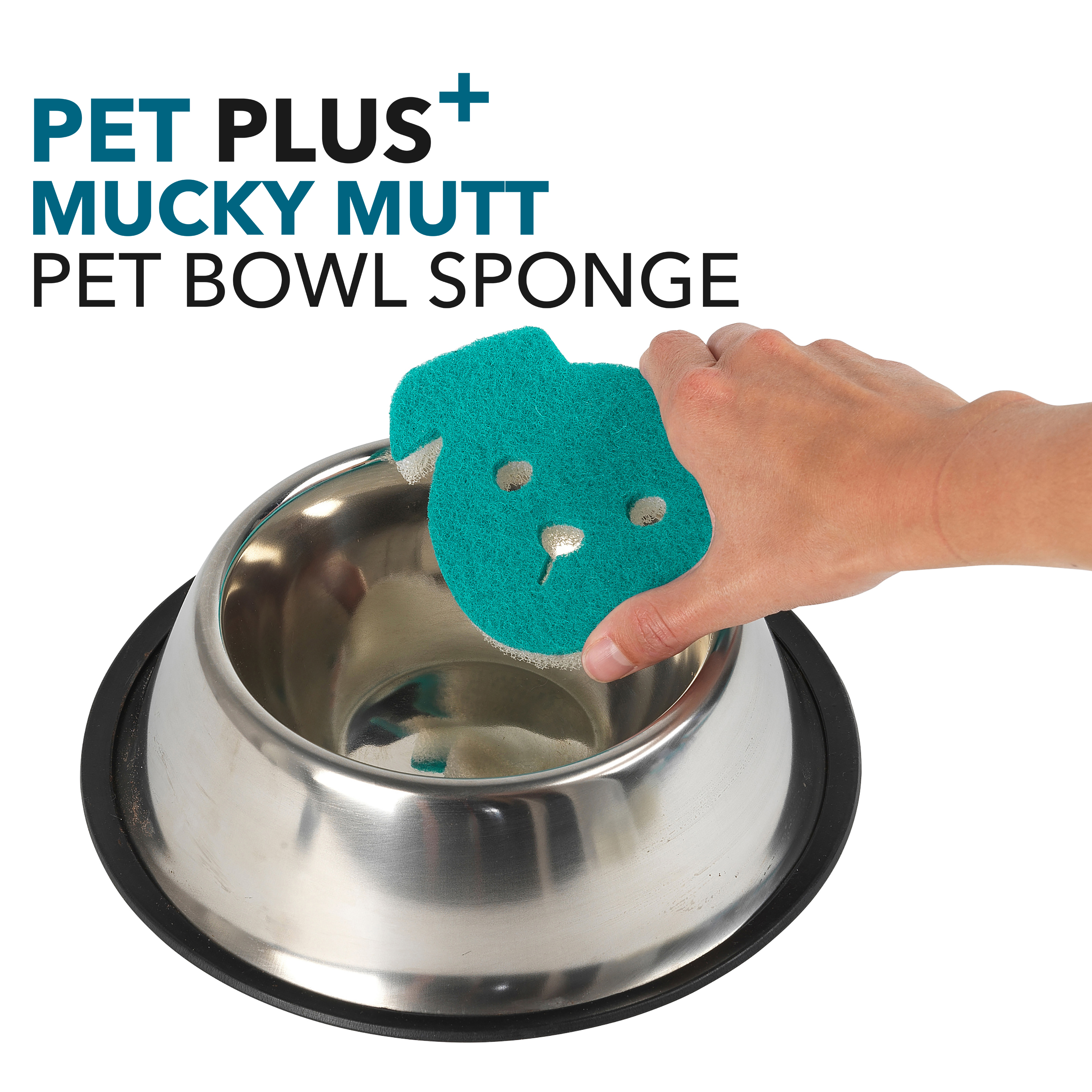 Beldray dog shaped Pet Sponge being used to clean a dogs food bowl